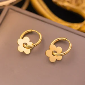 Boucles d'Oreilles Créoles Fleur Dorée en Acier Inoxydable pour Femme